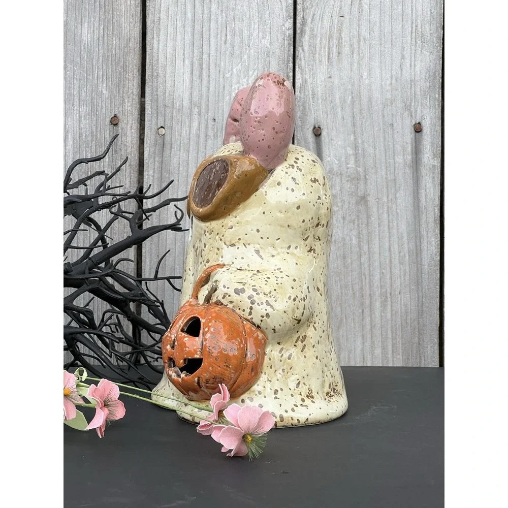 Cute Halloween Ceramic Ghost Figurine with Pumpkin and Coffee New 10in